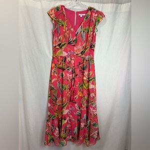 Chico’s Tropical Floral Midi Dress Size 0.5 Pink Multicolor Ruffle Hem Tie Waist